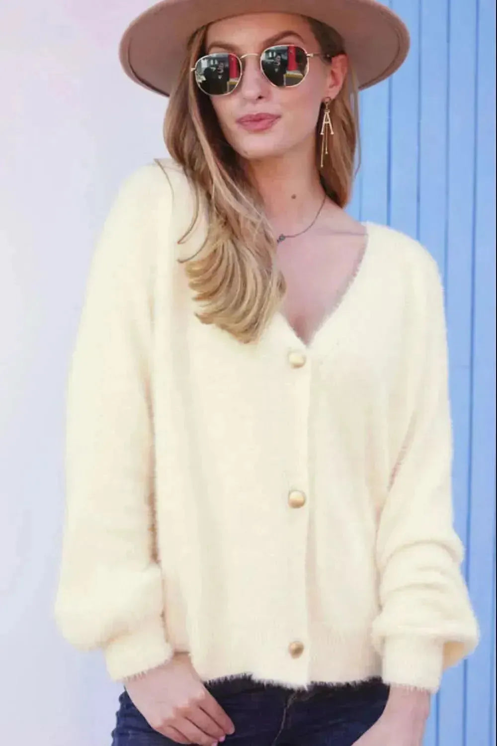 Fuzzy Long Sleeve Button Down Cardigan - Bad Moms Club