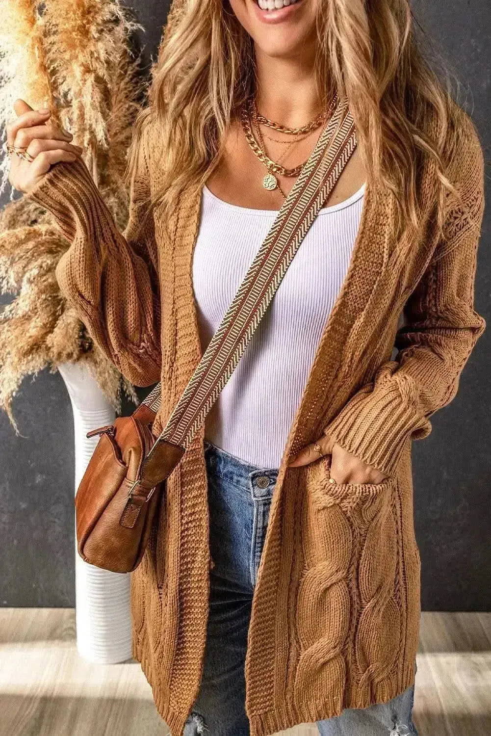 Cable-Knit Dropped Shoulder Slit Cardigan - Bad Moms Club