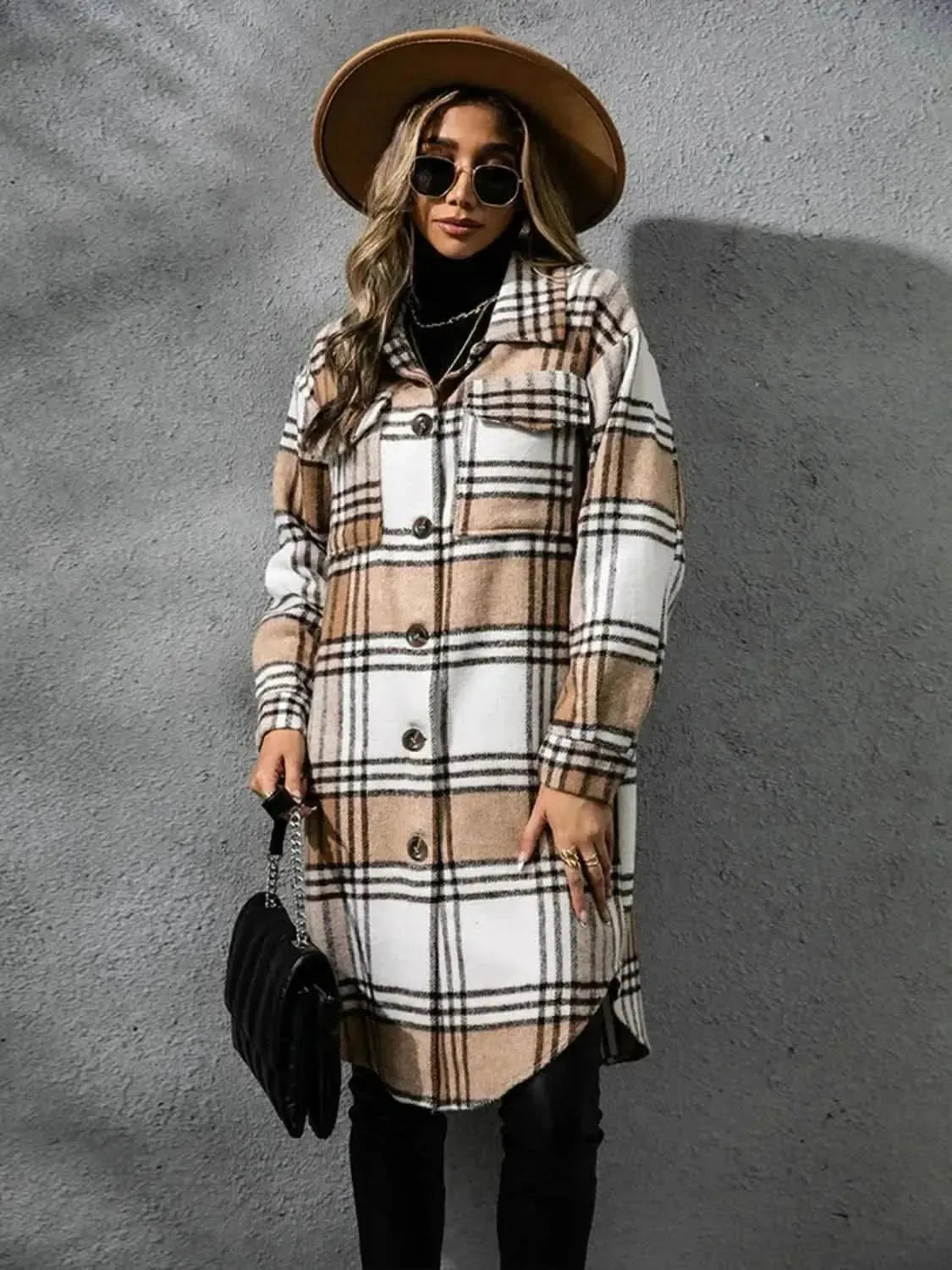 Plaid Collared Neck Long Sleeve Coat - Bad Moms Club