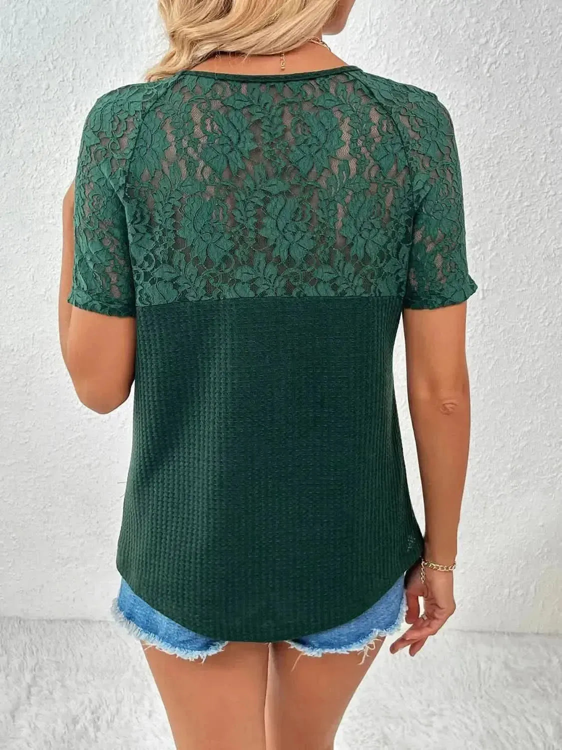Ivy Lane Lace Detail V-Neck Short Sleeve T-Shirt - Bad Moms Club