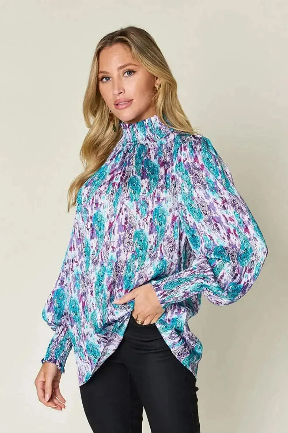 Double Take Full Size Printed Smocked Long Sleeve Blouse - Bad Moms Club