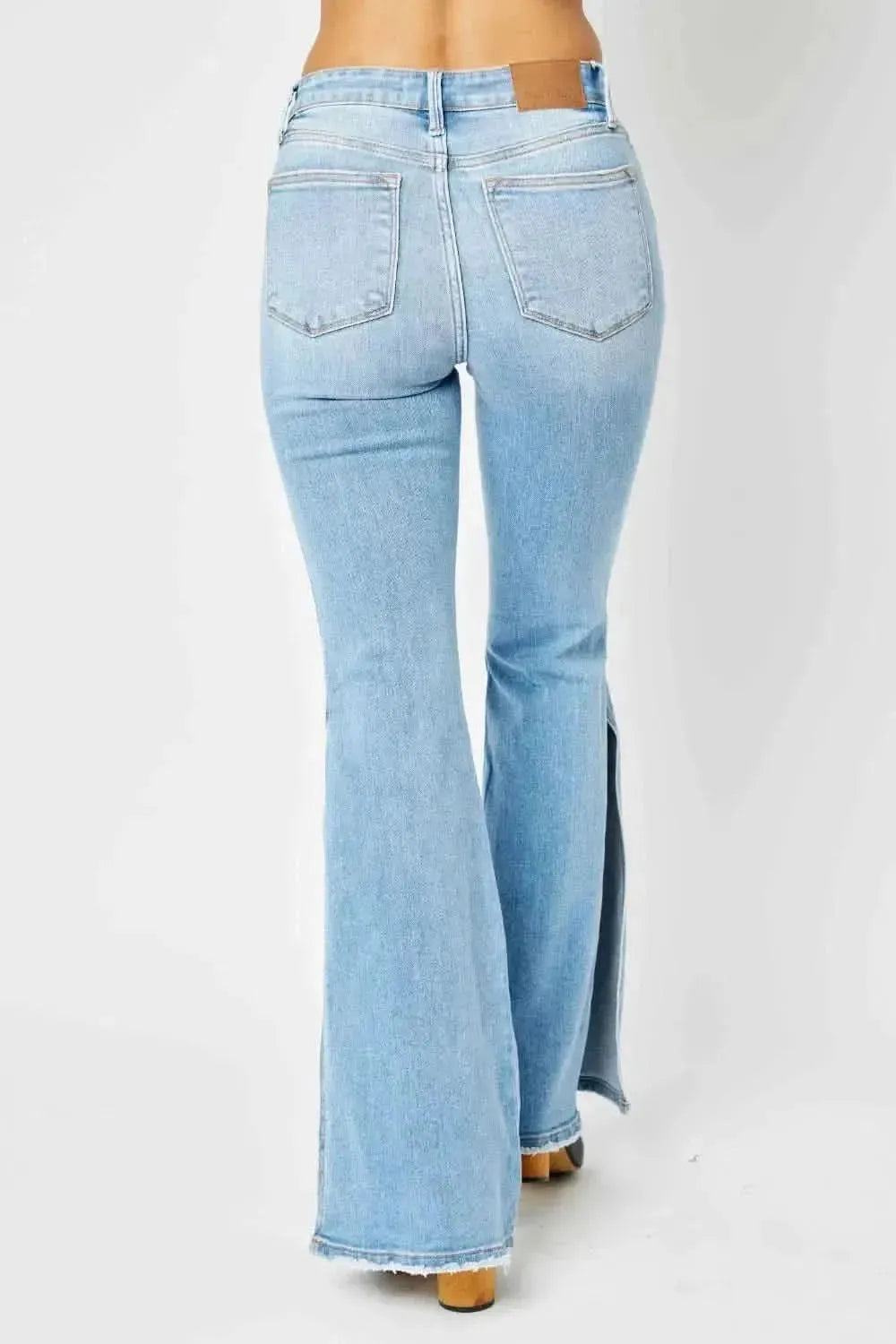 Judy Blue Full Size Mid Rise Raw Hem Slit Flare Jeans - Bad Moms Club