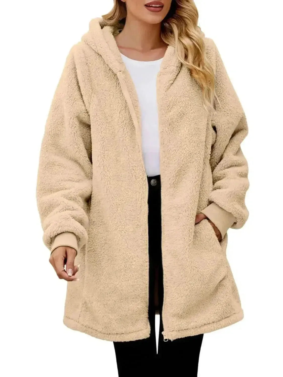 Fuzzy Pocketed Zip Up Long Sleeve Hooded Jacket - Bad Moms Club
