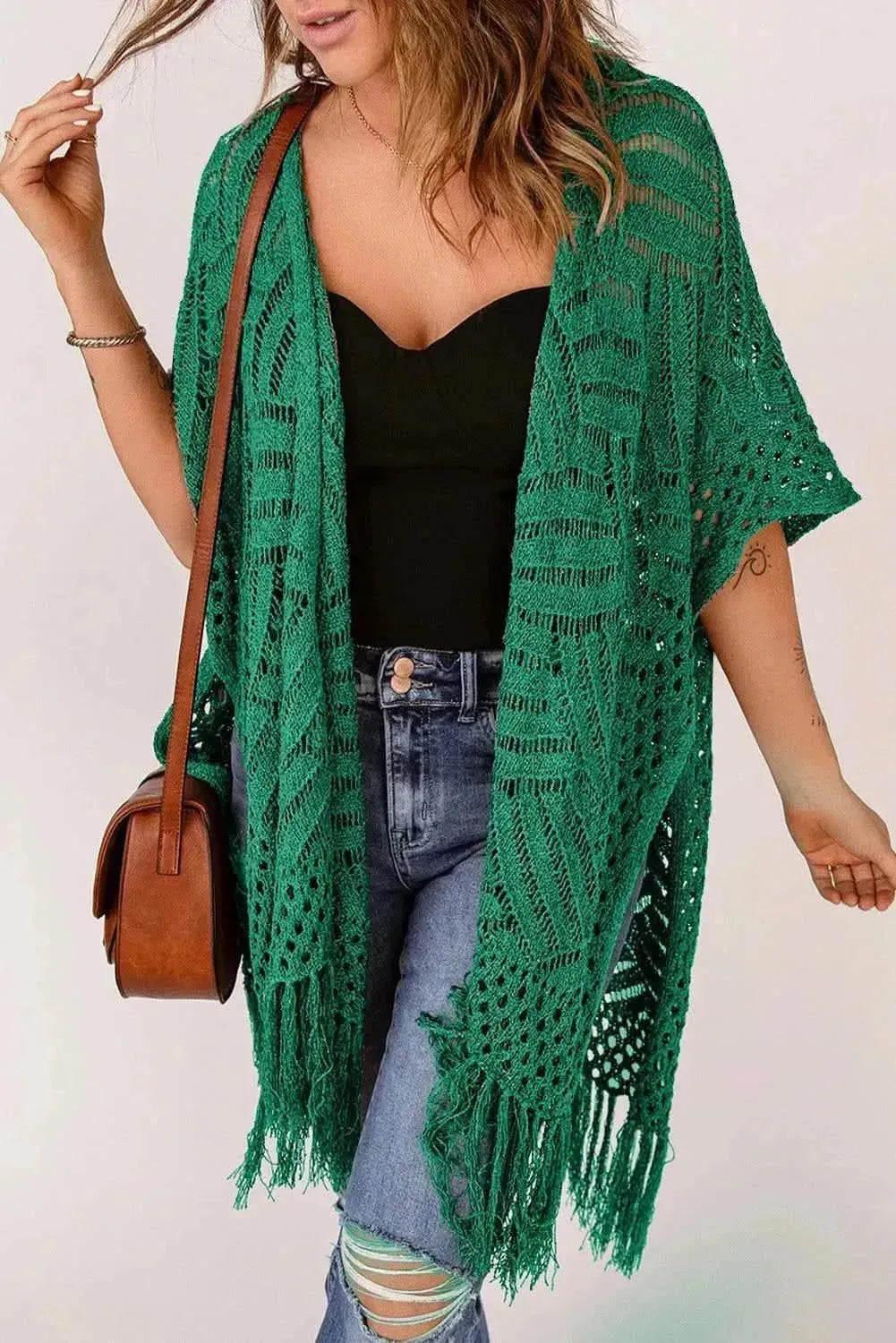 Openwork Open Front Cardigan with Fringes - Bad Moms Club