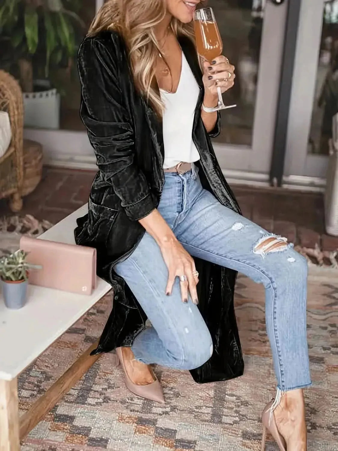 Open Front Long Sleeve Coat - Bad Moms Club