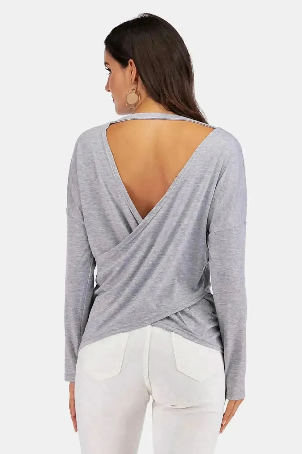 Perfee V-Neck Drop Shoulder Open Back Sweatshirt - Bad Moms Club