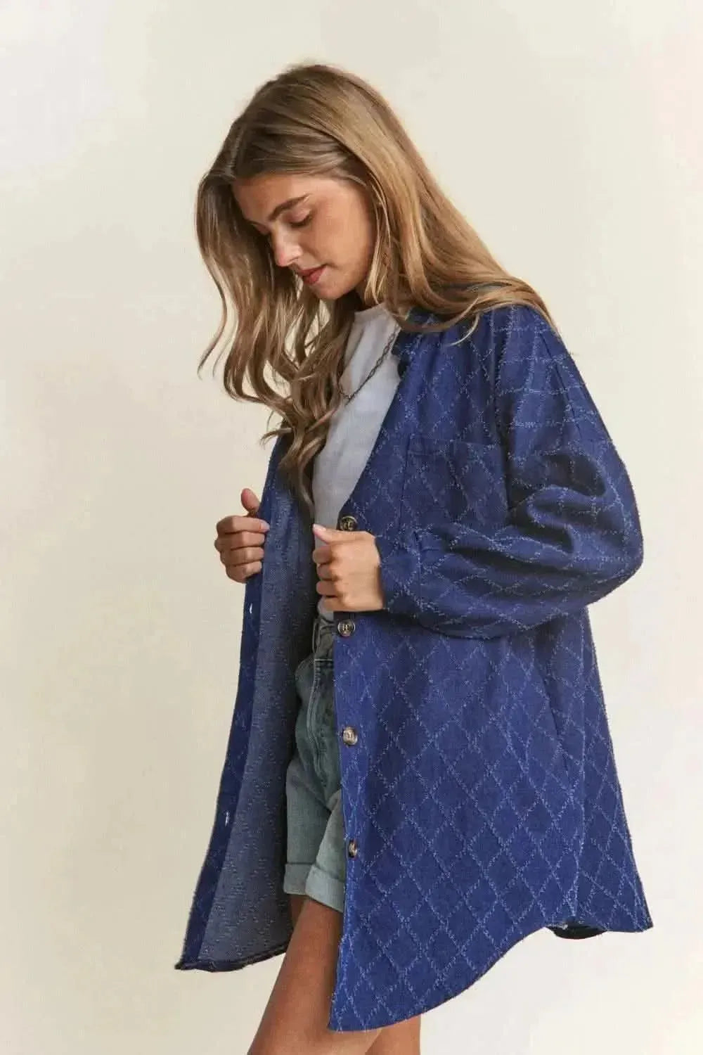 J.NNA Rhombus Stitched Button Up Denim Shacket - Bad Moms Club