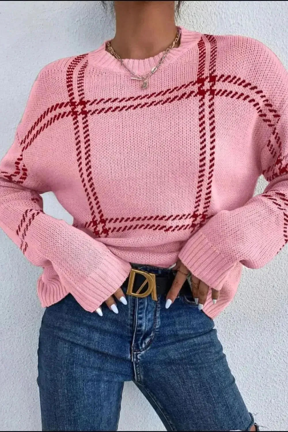 Contrast Round Neck Long Sleeve Sweater - Bad Moms Club