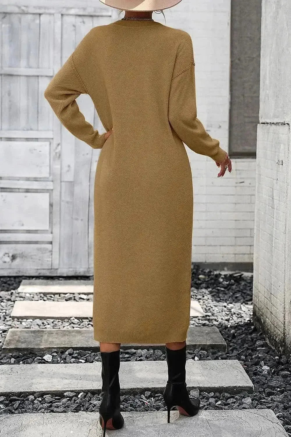 Decorative Button Notched Dropped Shoulder Sweater Dress - Bad Moms Club