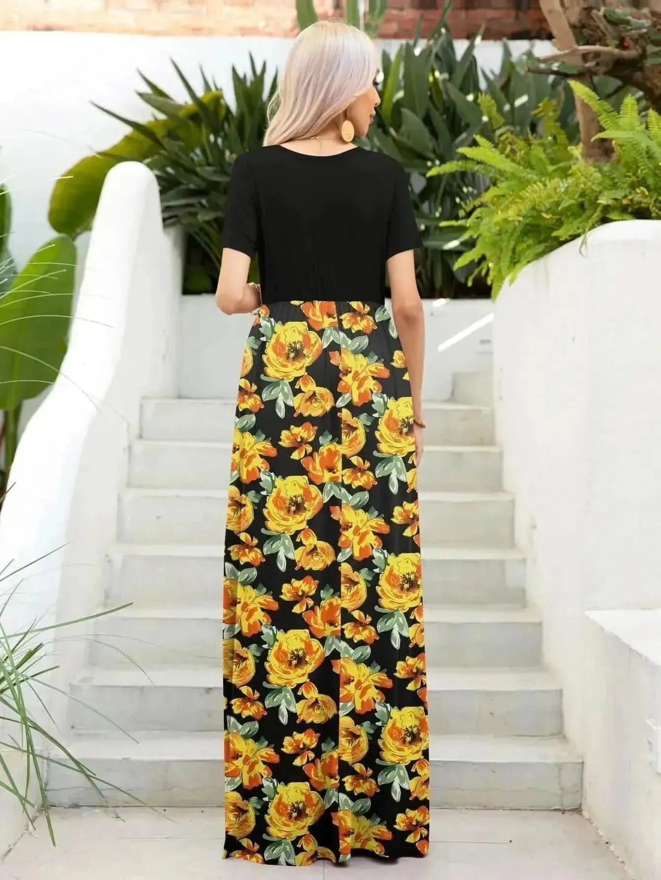 Printed Round Neck Short Sleeve Maxi Dress - Bad Moms Club