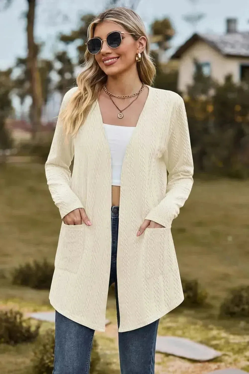 Cable-Knit Long Sleeve Cardigan with Pocket - Bad Moms Club