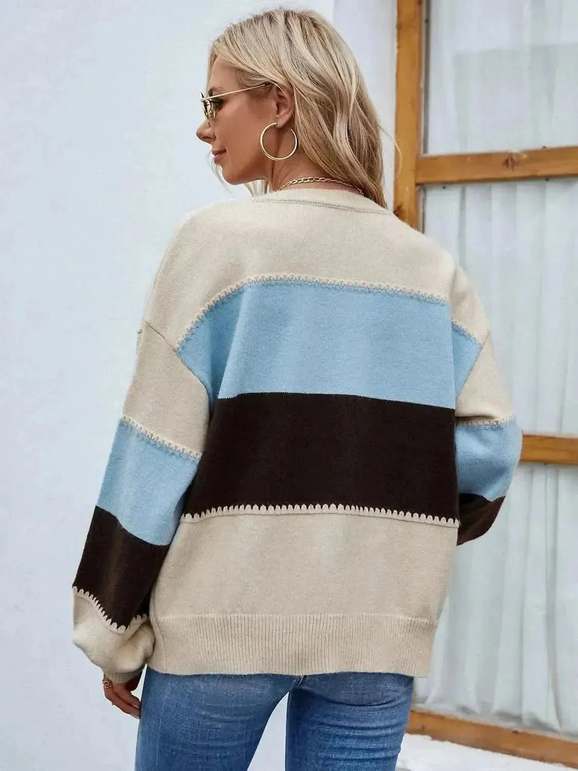 Color Block Button Up Lantern Sleeve Cardigan - Bad Moms Club