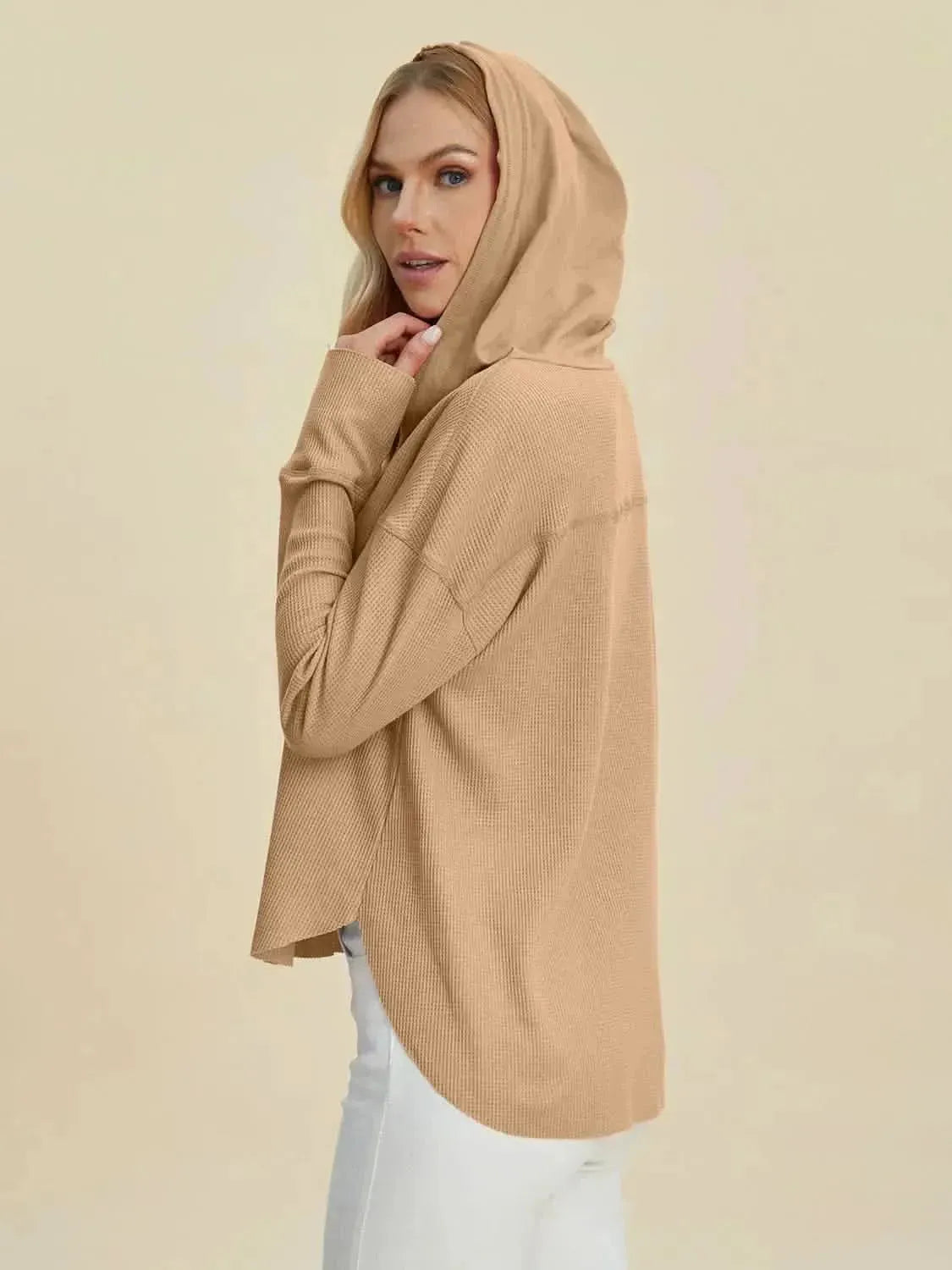 Double Take Full Size High-Low Dropped Shoulder Long Sleeve Hoodie - Bad Moms Club