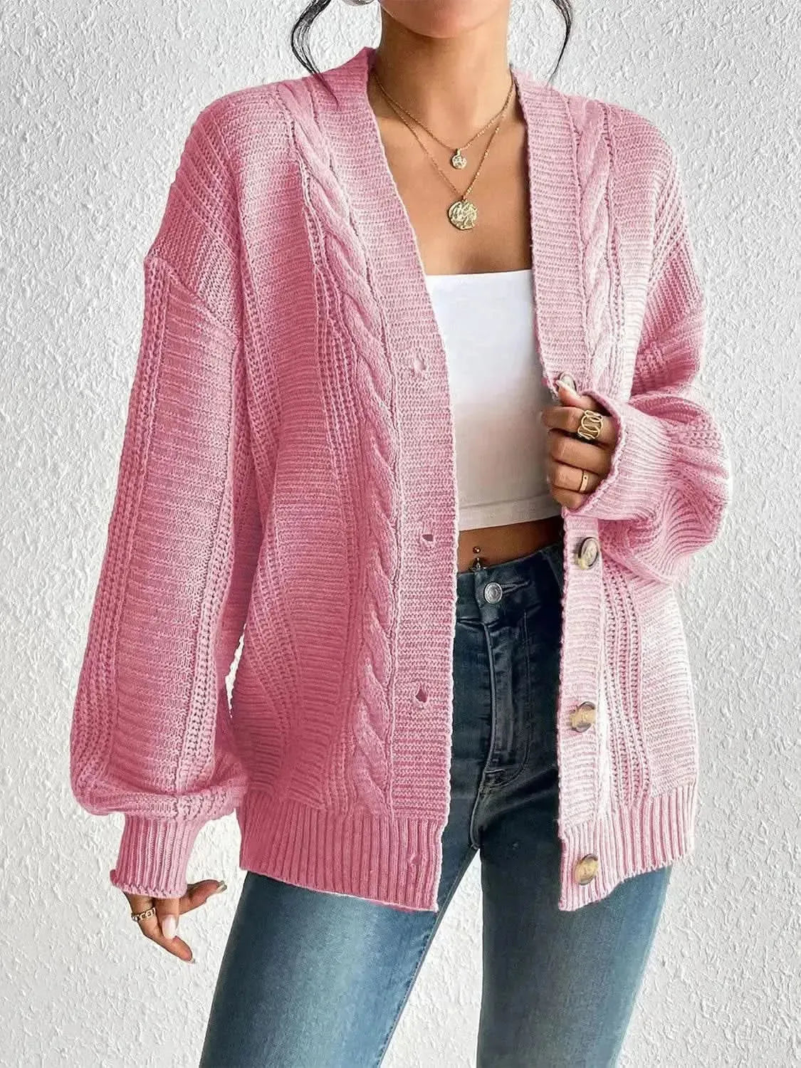 Cable-Knit Button Down Cardigan - Bad Moms Club