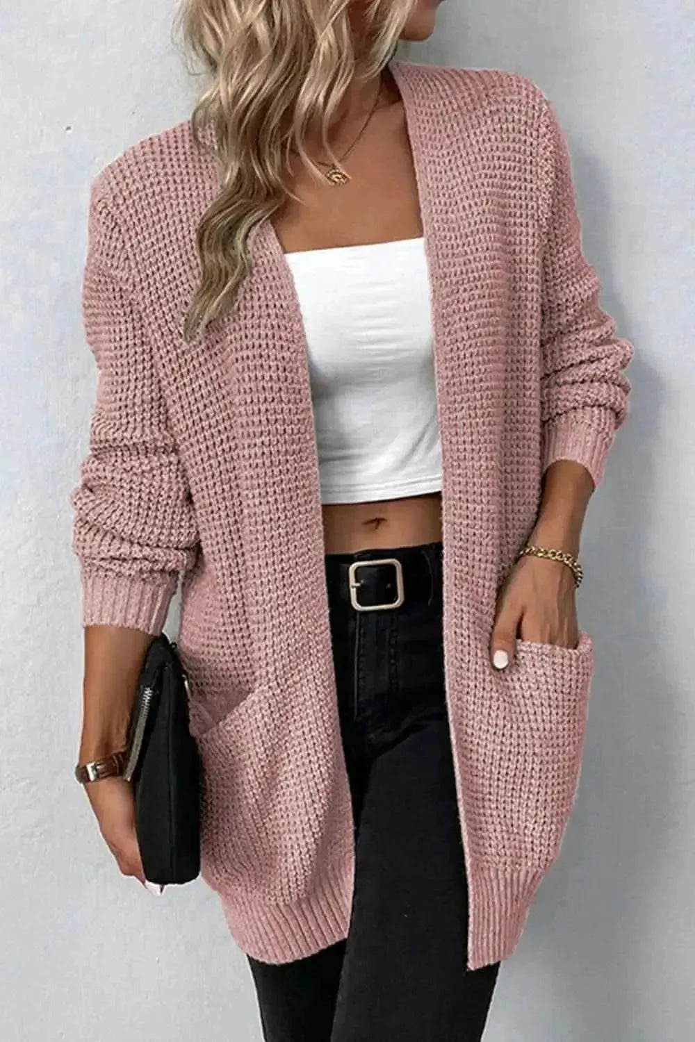 Rib-Knit Open Front Pocketed Cardigan - Bad Moms Club