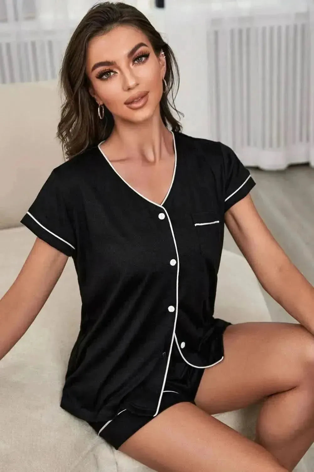 Contrast Piping Button-Up Top and Shorts Pajama Set - Bad Moms Club