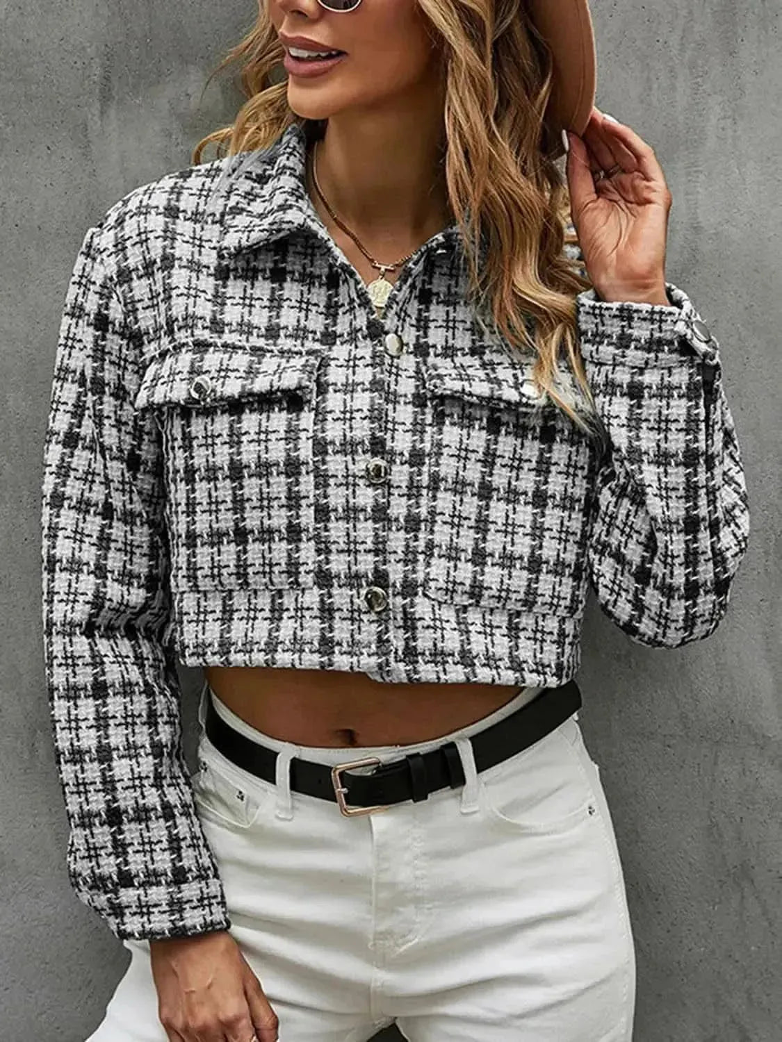 Plaid Button Up Collared Neck Long Sleeve Jacket - Bad Moms Club