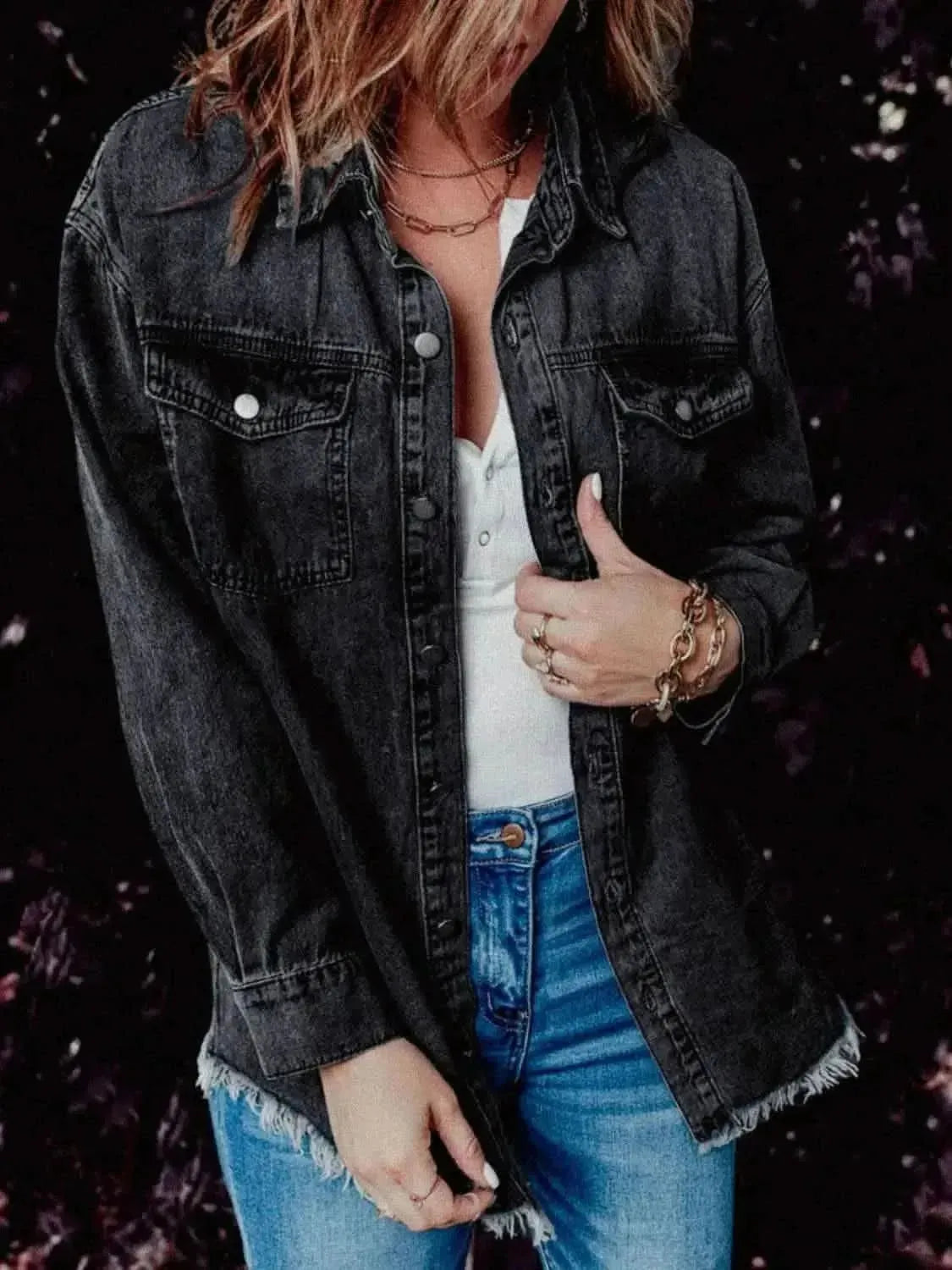 MeiMei Frayed Hem Collared Denim Jacket - Bad Moms Club