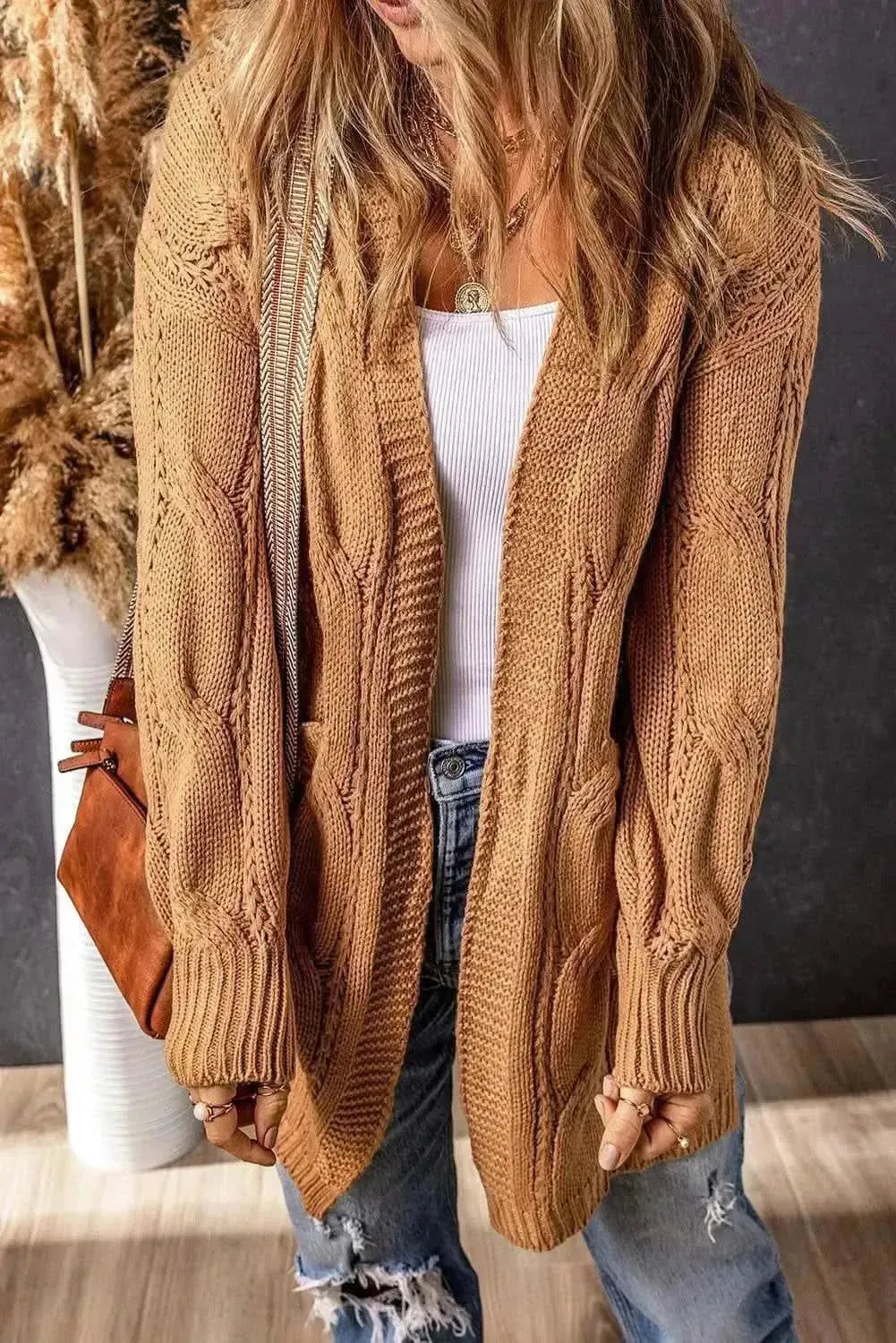 Cable-Knit Dropped Shoulder Slit Cardigan - Bad Moms Club