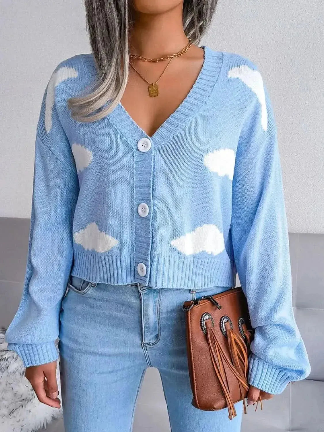 Cloud Print Button Down Ribbed Trim Cardigan - Bad Moms Club