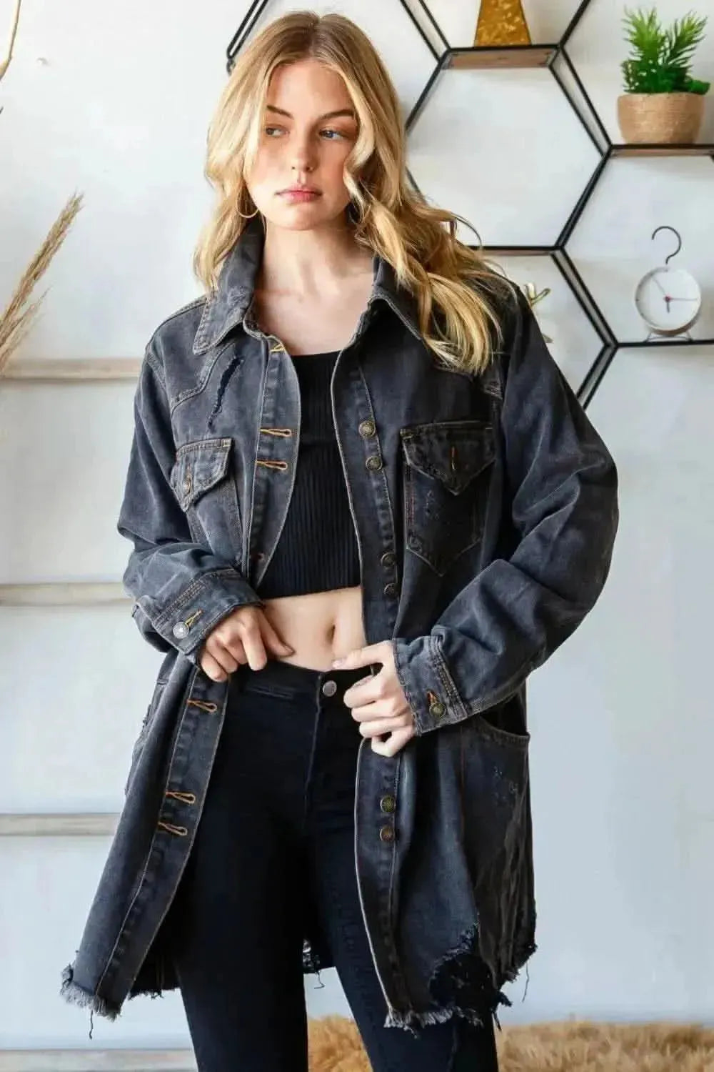 Veveret Button Up Distressed Frayed Hem Denim Jacket - Bad Moms Club