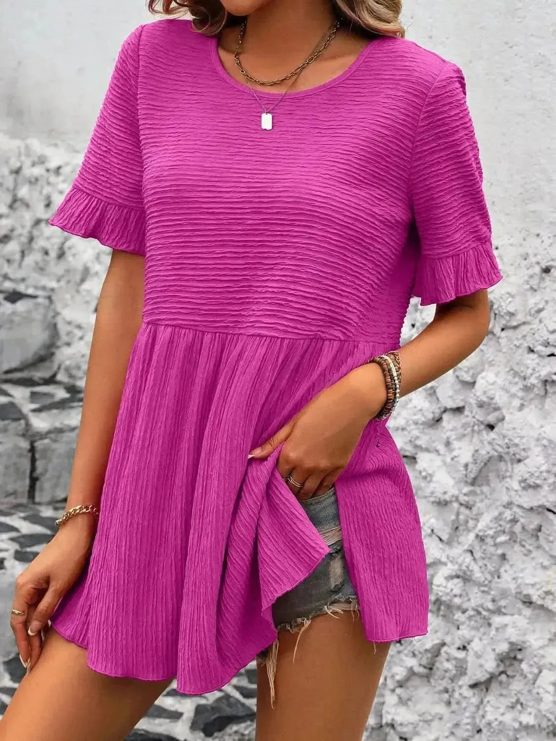 Ivy Lane Round Neck Short Sleeve Blouse - Bad Moms Club