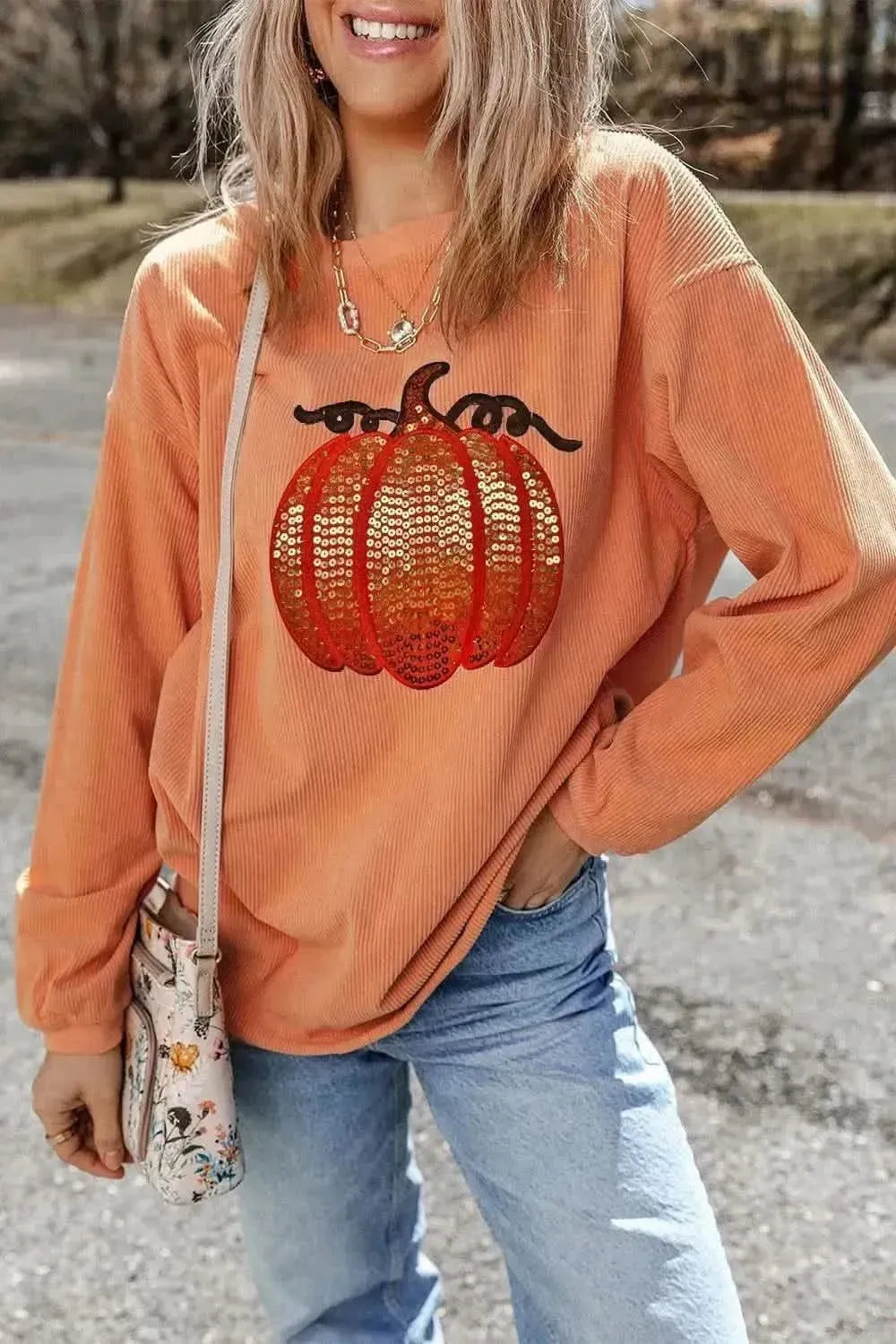Sequin Pumpkin Round Neck Long Sleeve Sweatshirt - Bad Moms Club