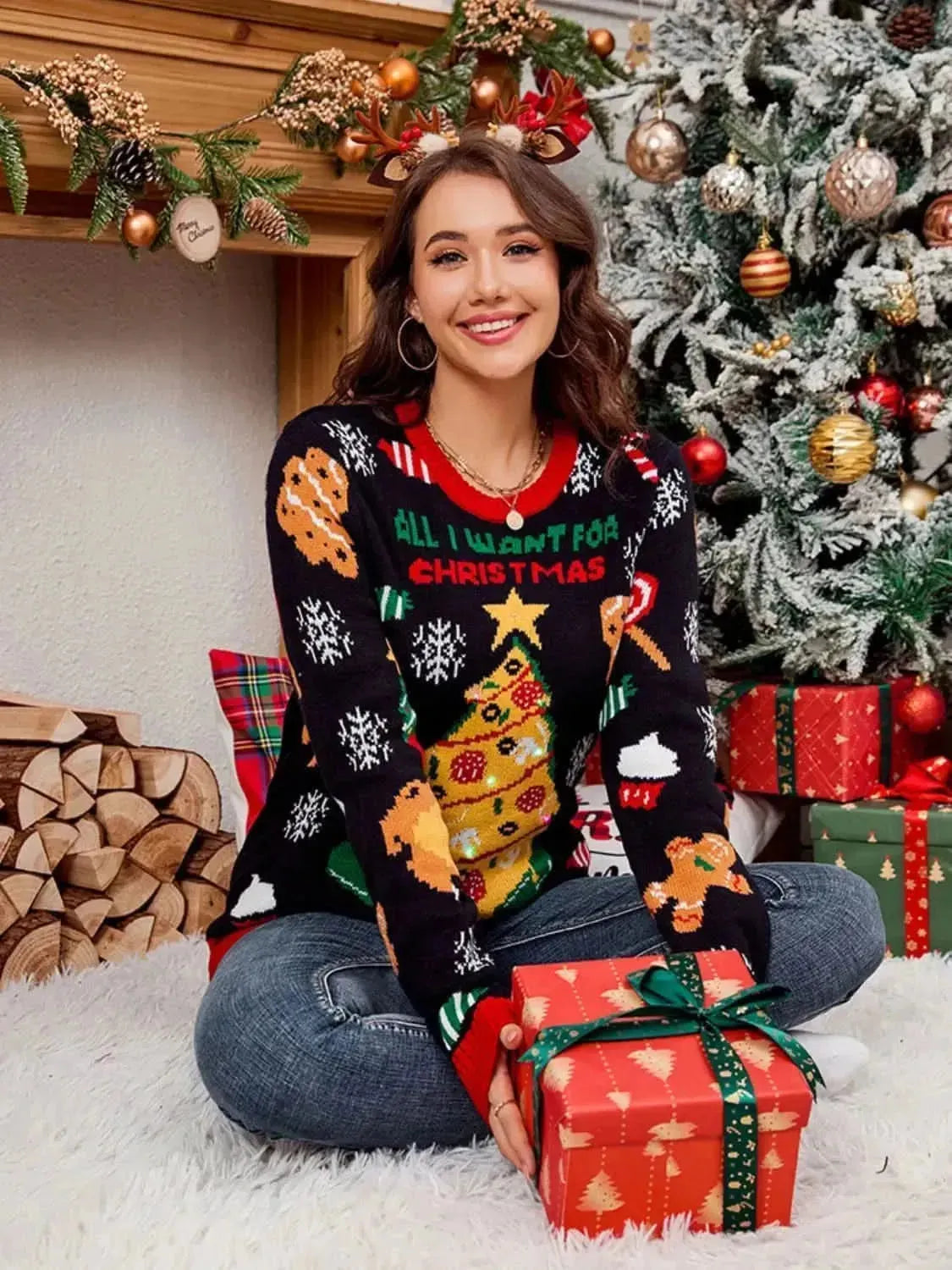 Christmas Element Round Neck Long Sleeve Sweater - Bad Moms Club