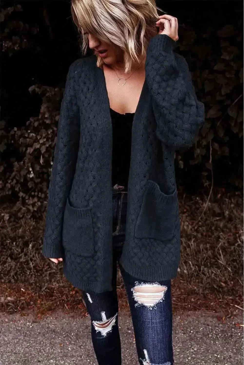 Open Front Dropped Shoulder Cardigan with Pockets - Bad Moms Club