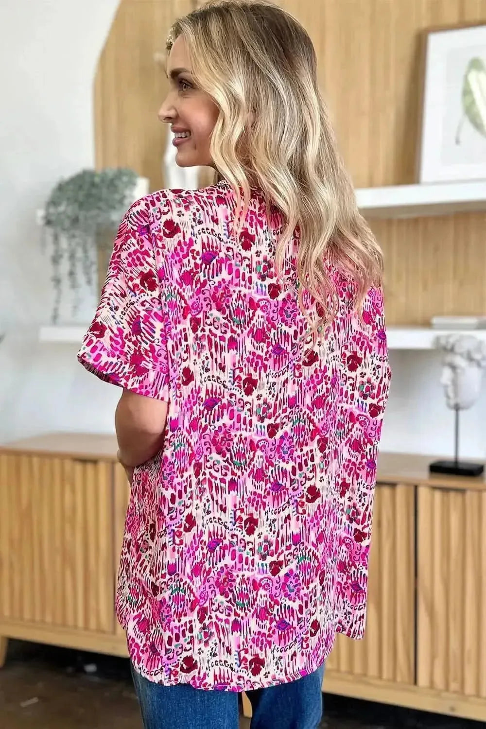 Double Take Full Size Printed V-Neck Short Sleeve Blouse - Bad Moms Club