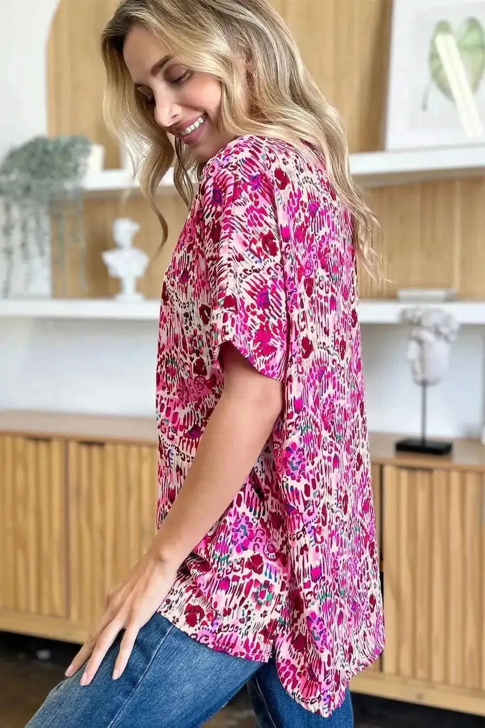 Double Take Full Size Printed V-Neck Short Sleeve Blouse - Bad Moms Club