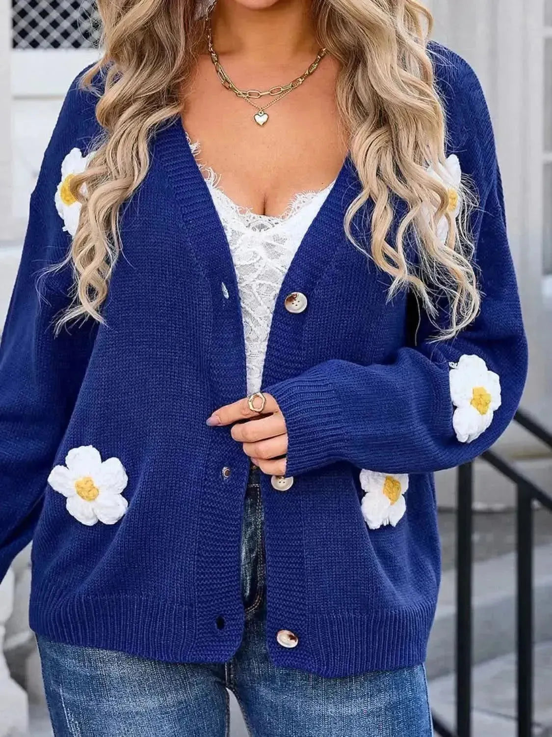 Crochet Flower Button Up Cardigan - Bad Moms Club