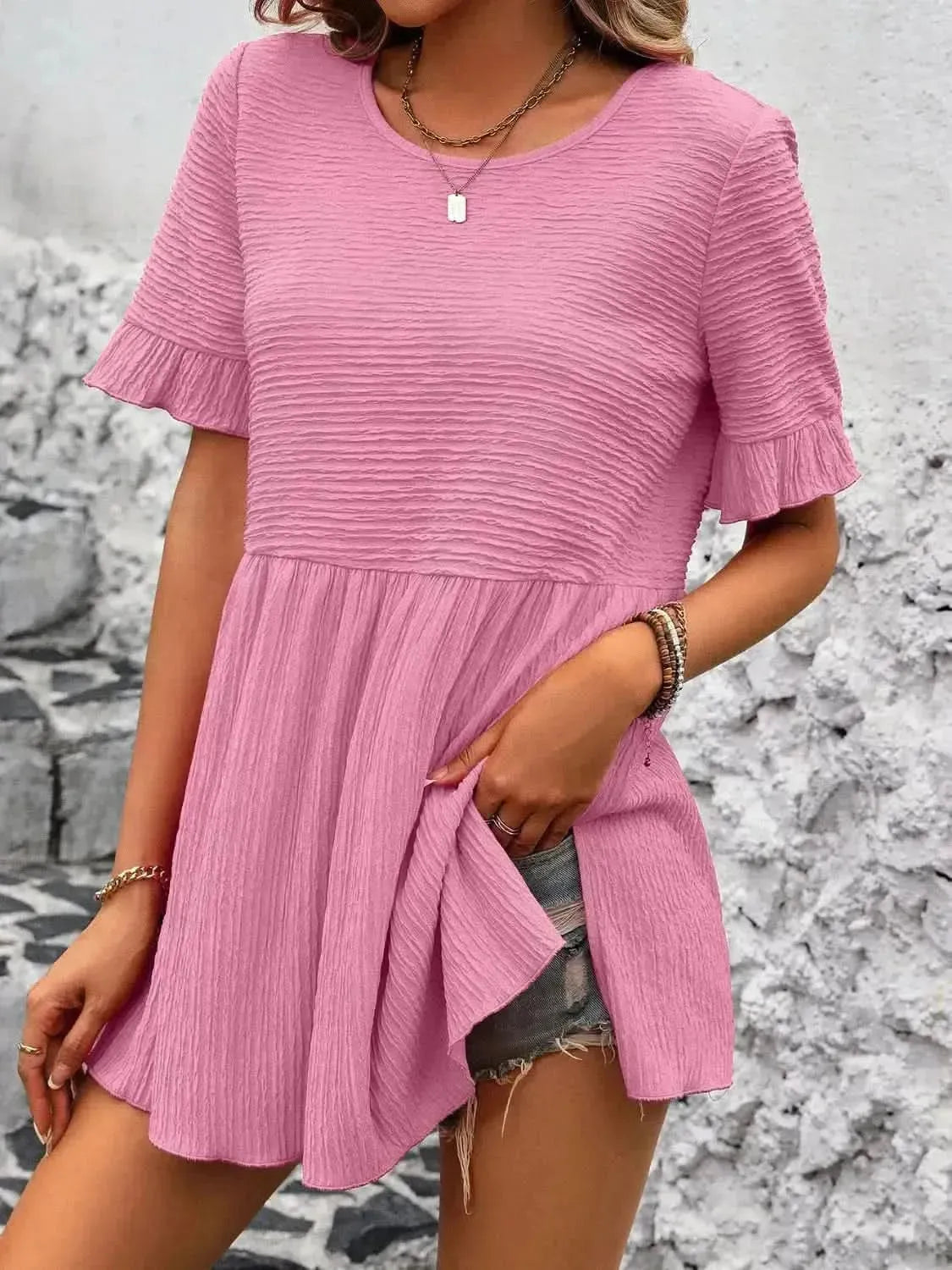 Ivy Lane Round Neck Short Sleeve Blouse - Bad Moms Club