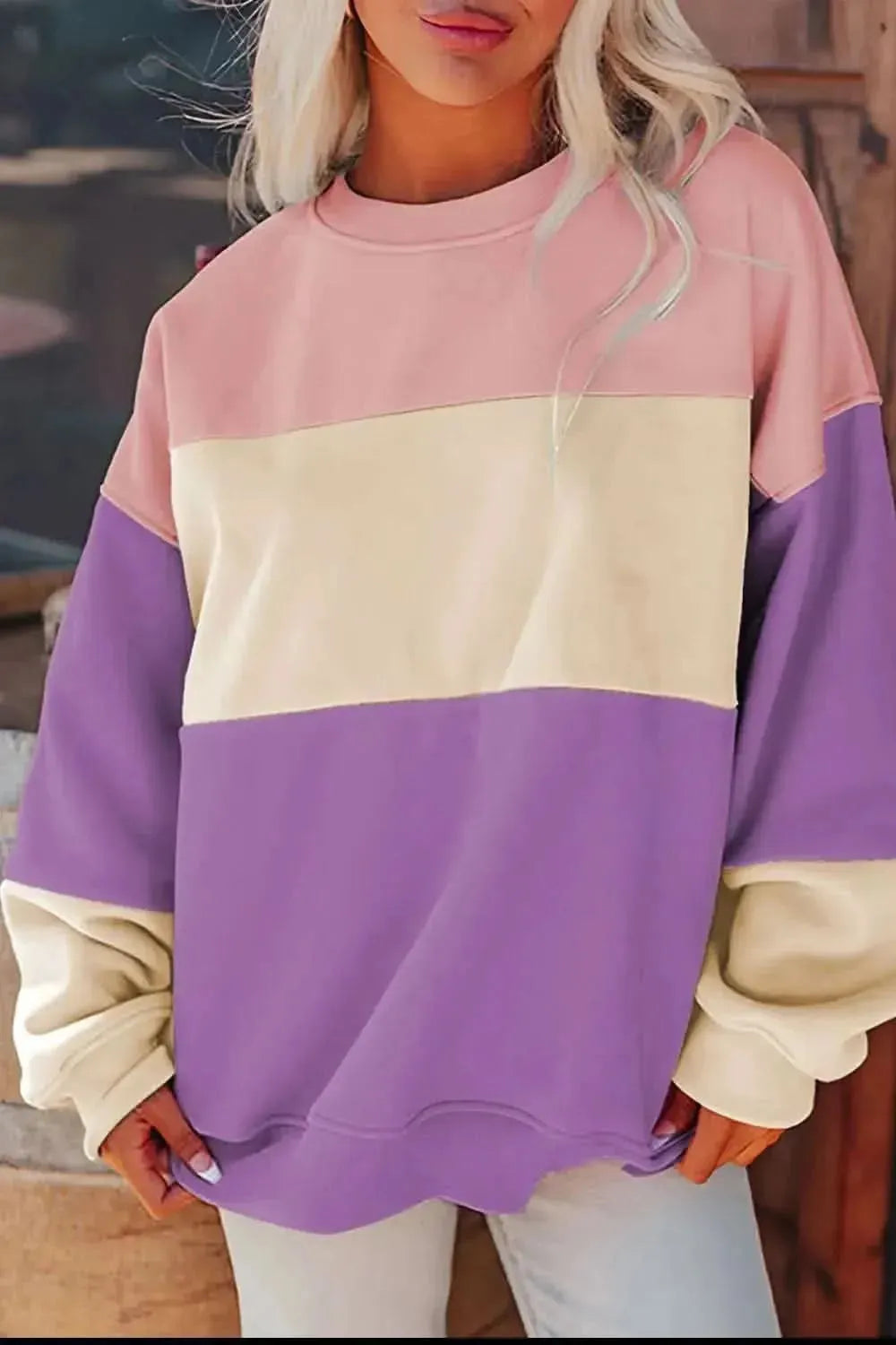 Contrast Round Neck Long Sleeve Sweatshirt - Bad Moms Club