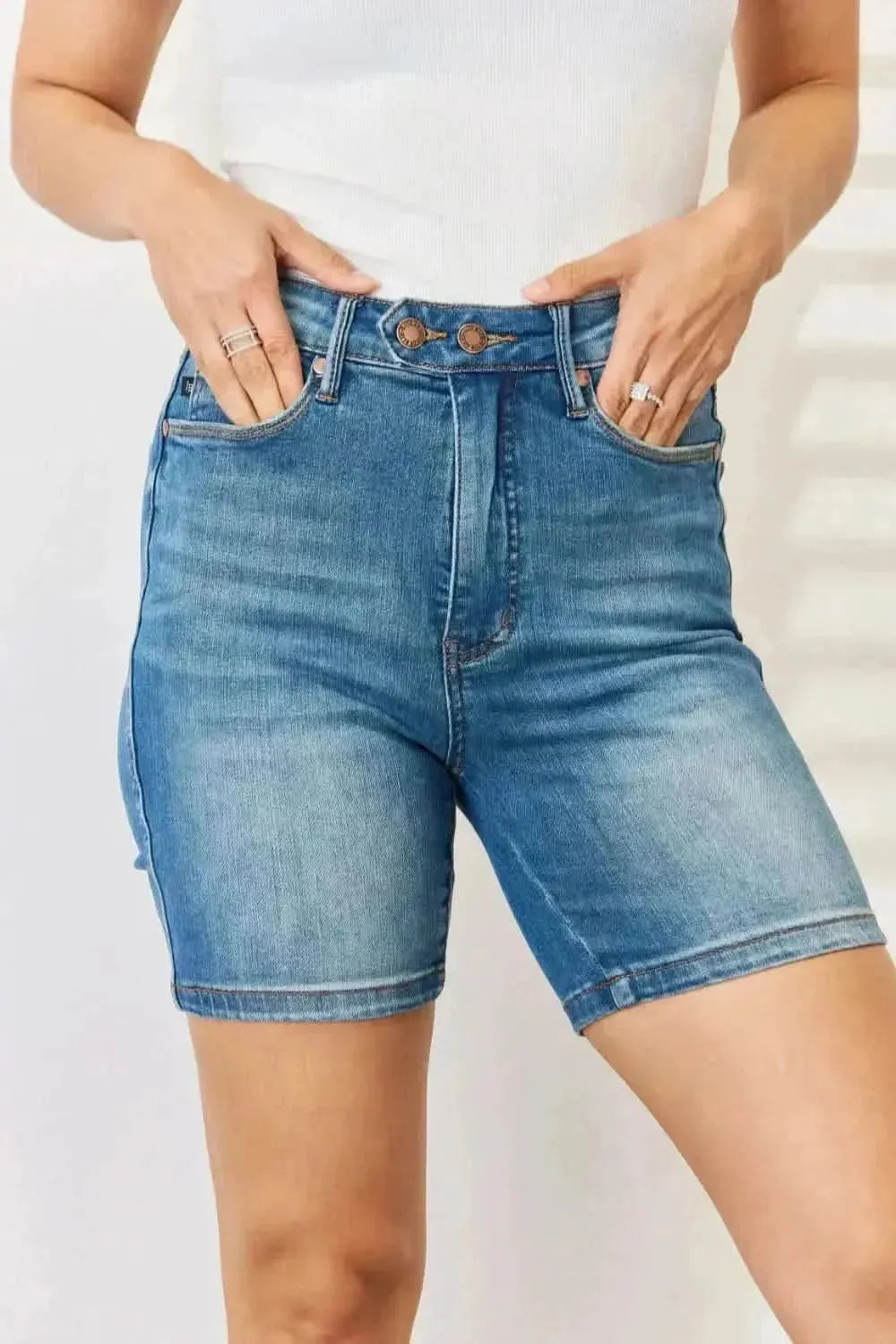 Judy Blue Full Size Tummy Control Double Button Bermuda Denim Shorts - Bad Moms Club