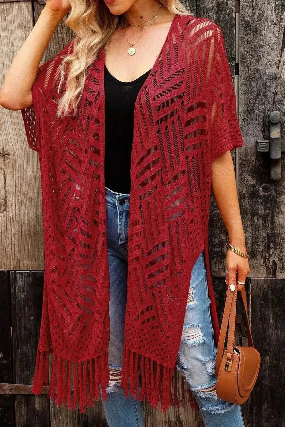 Openwork Open Front Cardigan with Fringes - Bad Moms Club