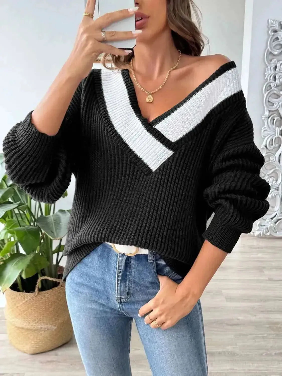 Contrast Dropped Shoulder Long Sleeve Sweater - Bad Moms Club