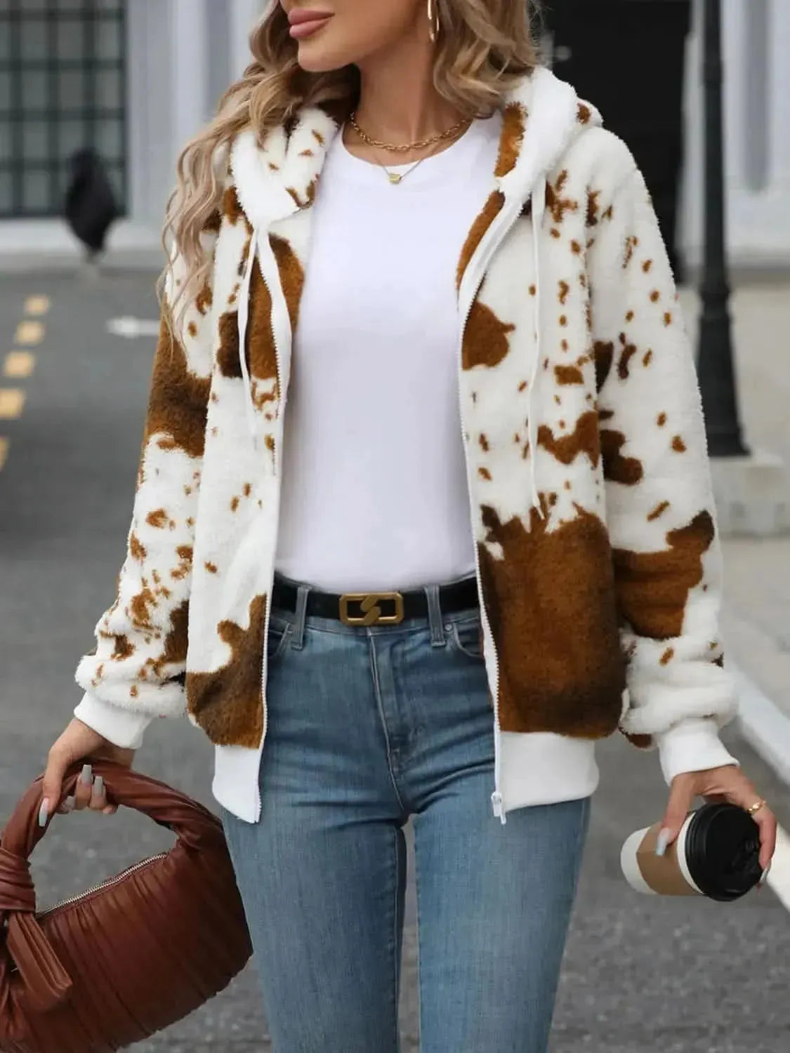 Fuzzy Drawstring Zip Up Hooded Jacket - Bad Moms Club