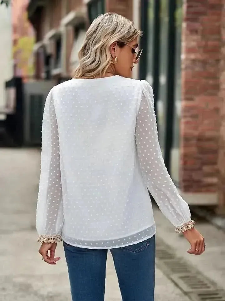 Swiss Dot V-Neck Long Sleeve Blouse - Bad Moms Club