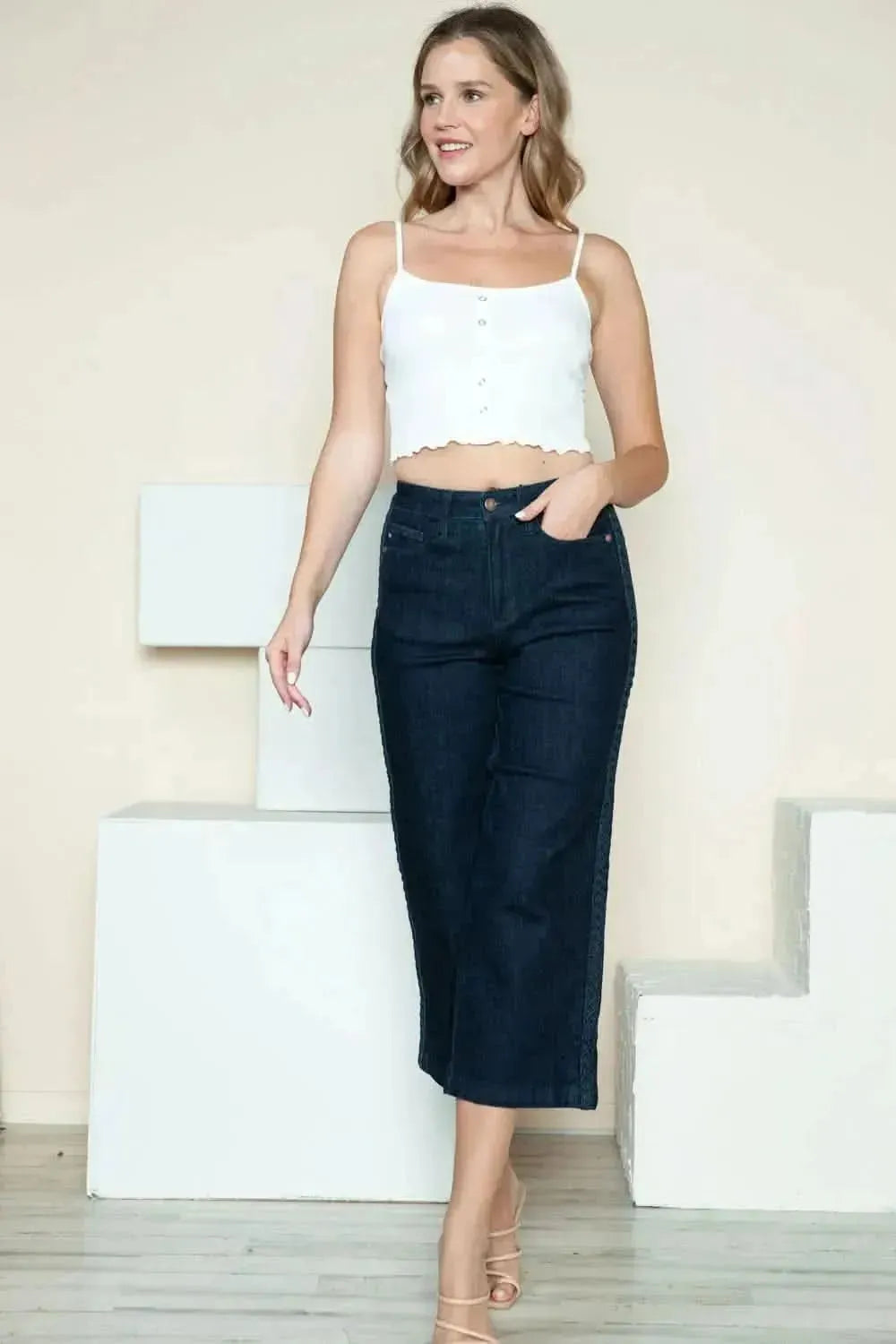Judy Blue Full Size Side Seam Braid Detail Crop Wide Leg Jeans - Bad Moms Club