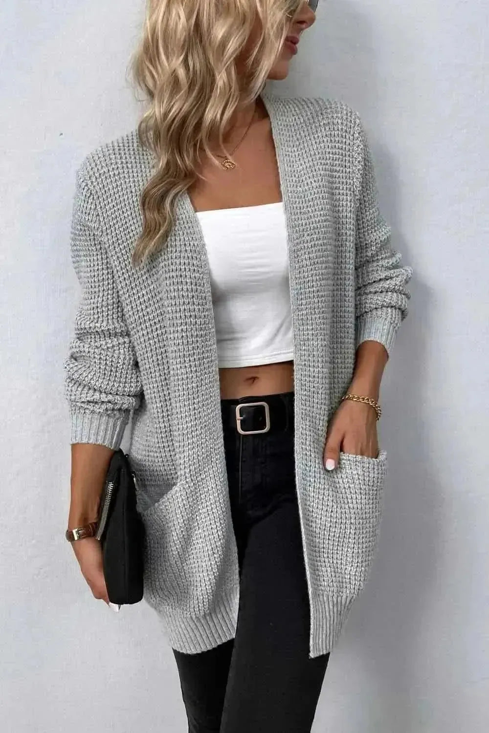 Rib-Knit Open Front Pocketed Cardigan - Bad Moms Club