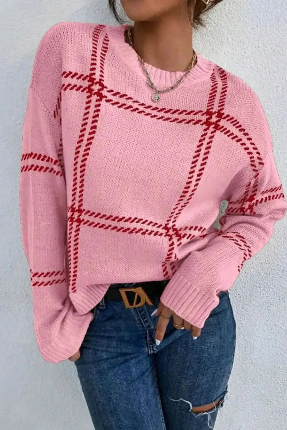 Contrast Round Neck Long Sleeve Sweater - Bad Moms Club