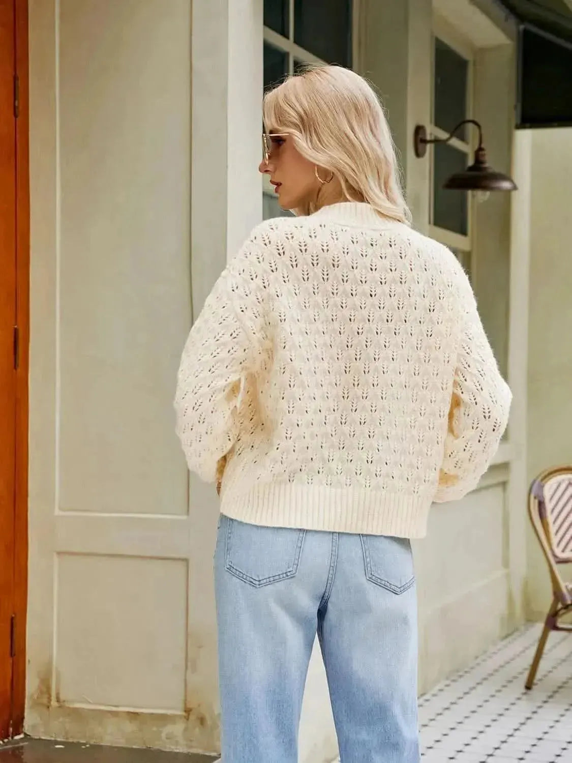 Openwork Round Neck Sweater - Bad Moms Club