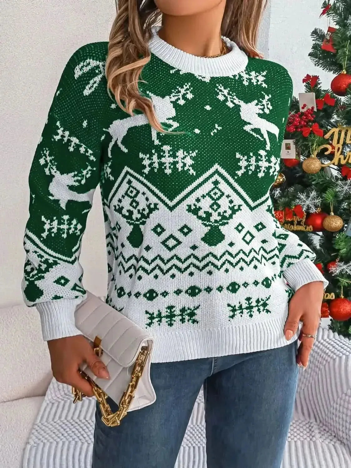 Christmas Element Round Neck Long Sleeve Sweater - Bad Moms Club