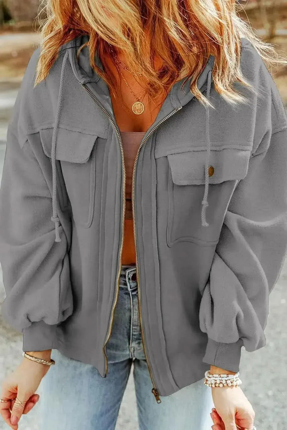 Zip-Up Drawstring Hooded Jacket - Bad Moms Club