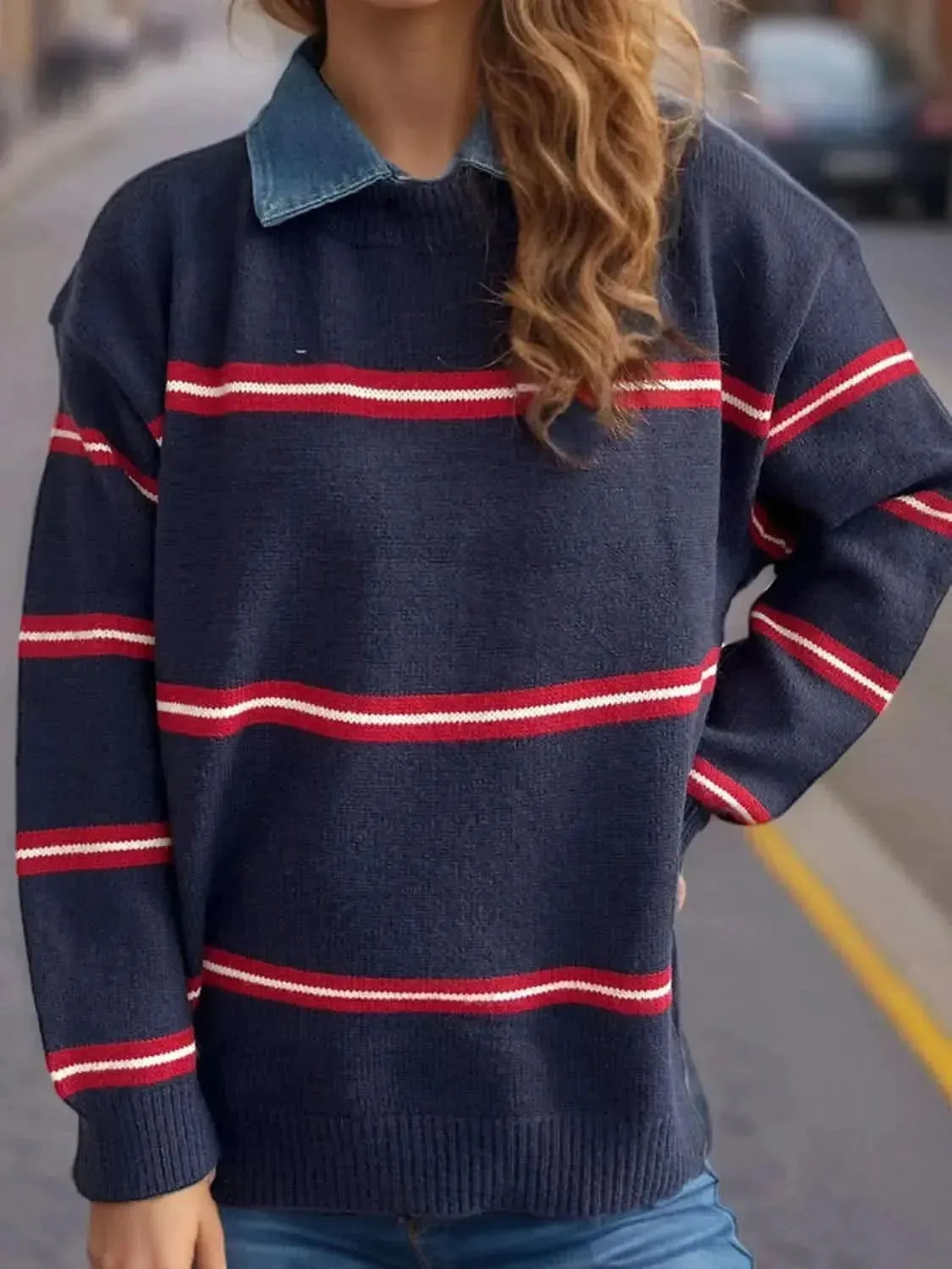 Contrast Stripes Round Neck Long Sleeve Sweater - Bad Moms Club
