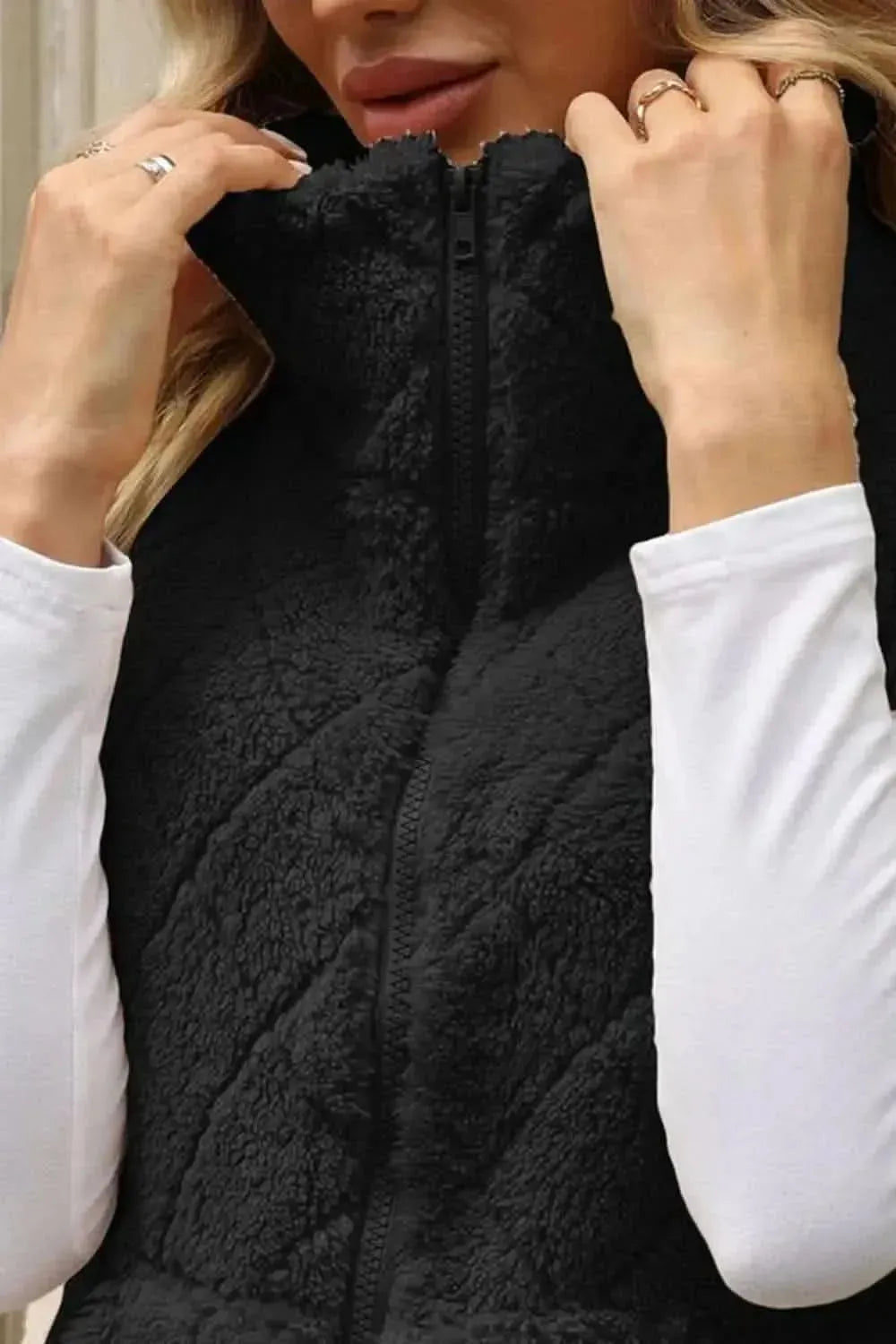 Fuzzy Plaid Texture Zip Up Vest Coat - Bad Moms Club