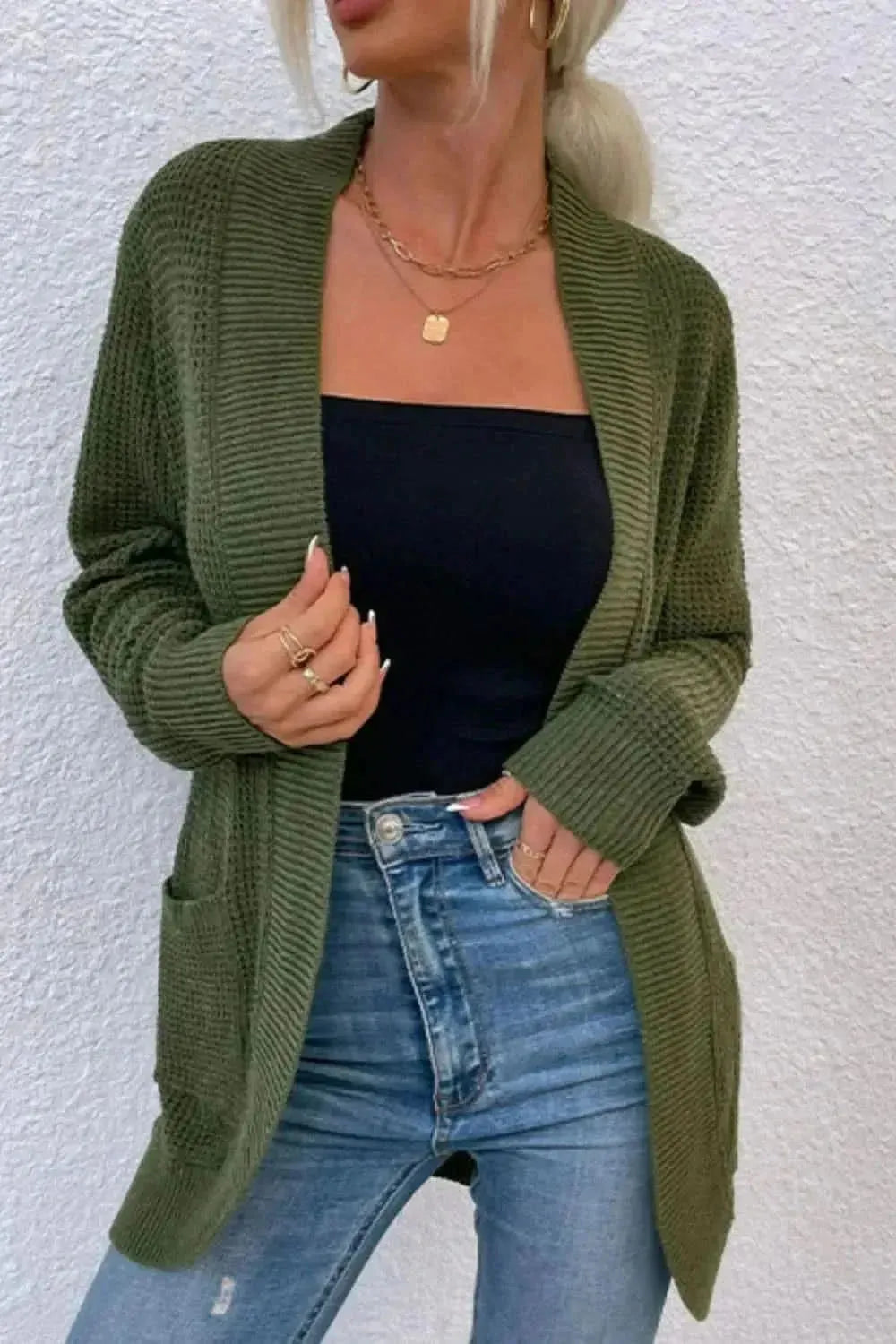 Open Front Rib-Knit Cardigan with Pockets - Bad Moms Club