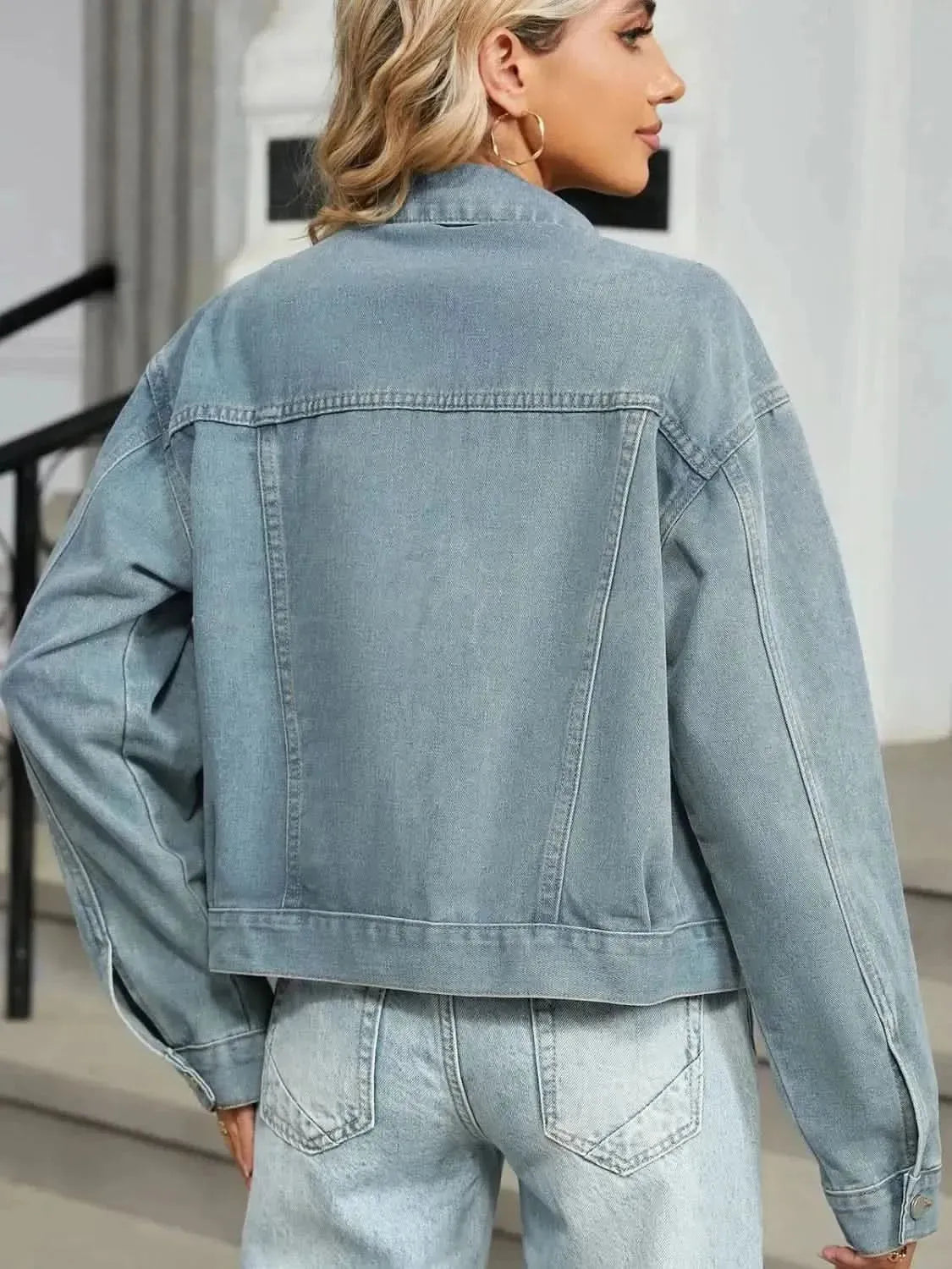 Rhinestone & Peal Trim Button Down Long Sleeve Denim Jacket - Bad Moms Club