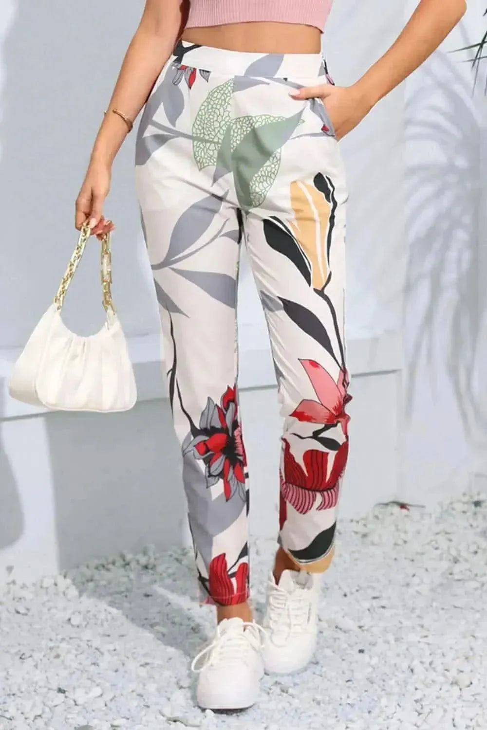 Floral Print Cropped Pants with Pockets - Bad Moms Club